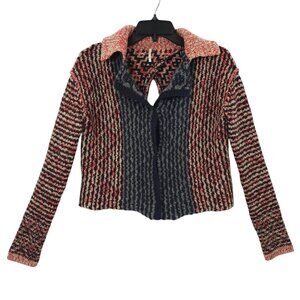 Free People Open Back Sweater Womens S Striped Snap Front Wool Blend Red Black